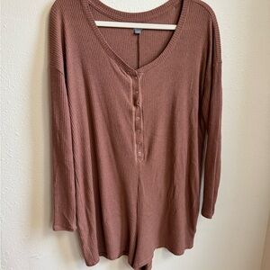 Women's Ribbed Henley Romper - Brown